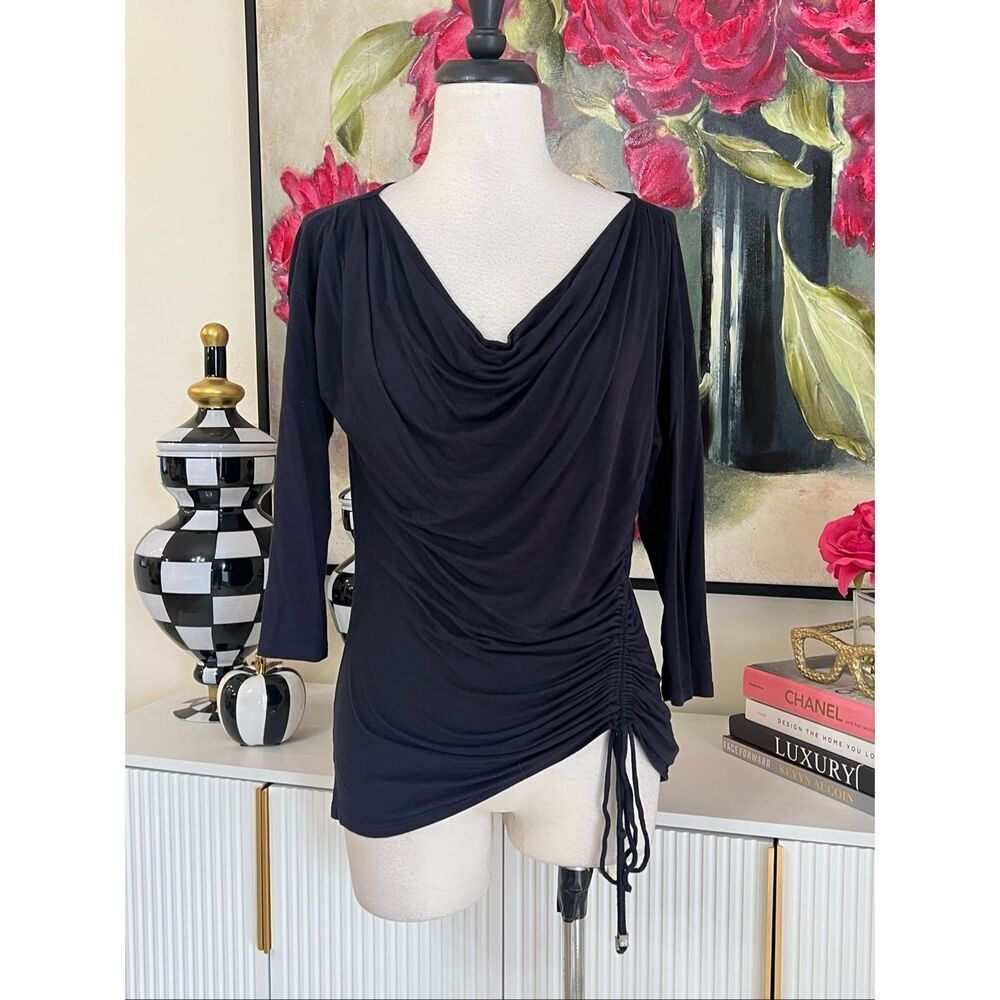 Michael Kors Women's Cowl Neck Ruched Drawstring 3/4 Sleeve Top Black Sz Medium